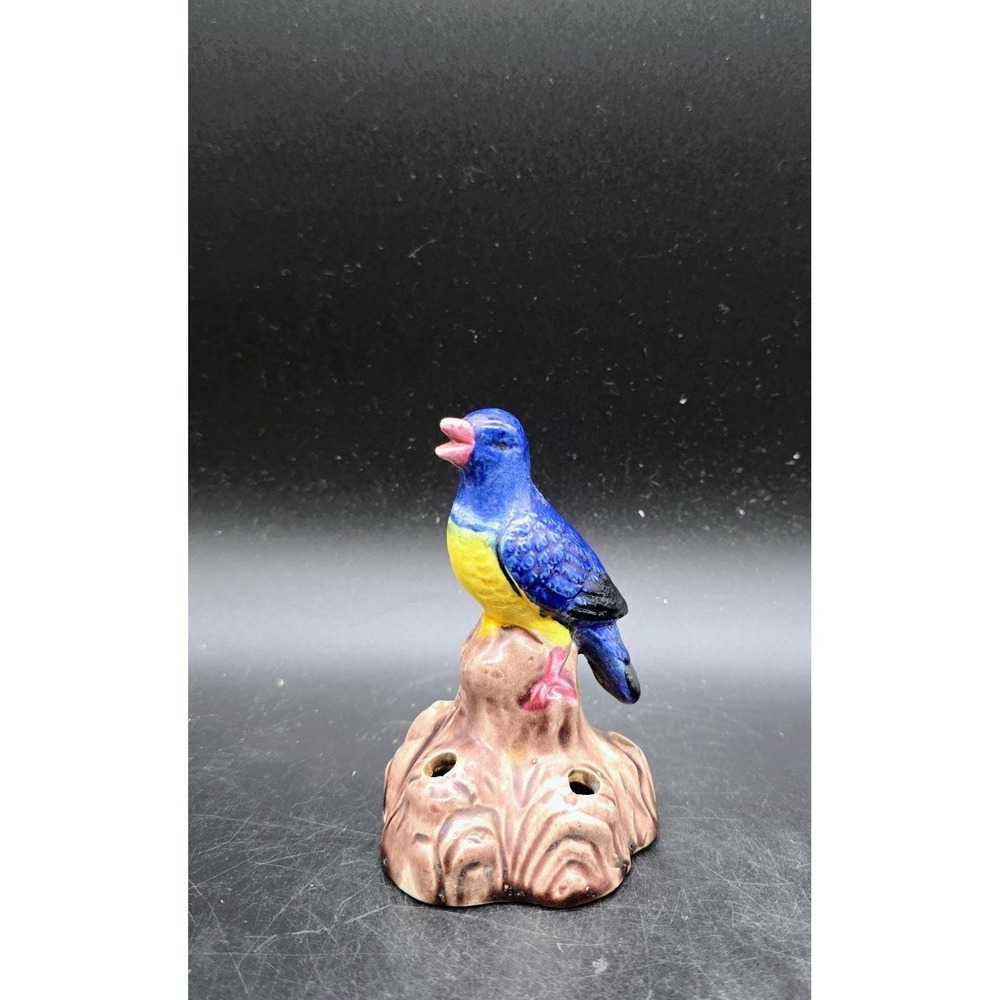 Early Vintage Brush McCoy Pottery Hand Painted Bluebird Flower Frog 4"